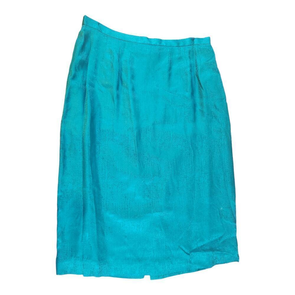 Vintage silk skirt womens sz 12 turquoise midi‎ zipper with slit